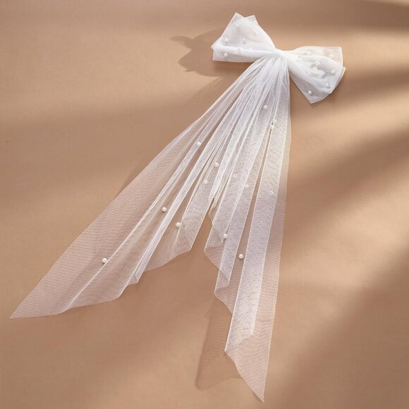 ? Women White Bridal Hair Bow Veil Bow Clip Bachelorette Accessories main image 4